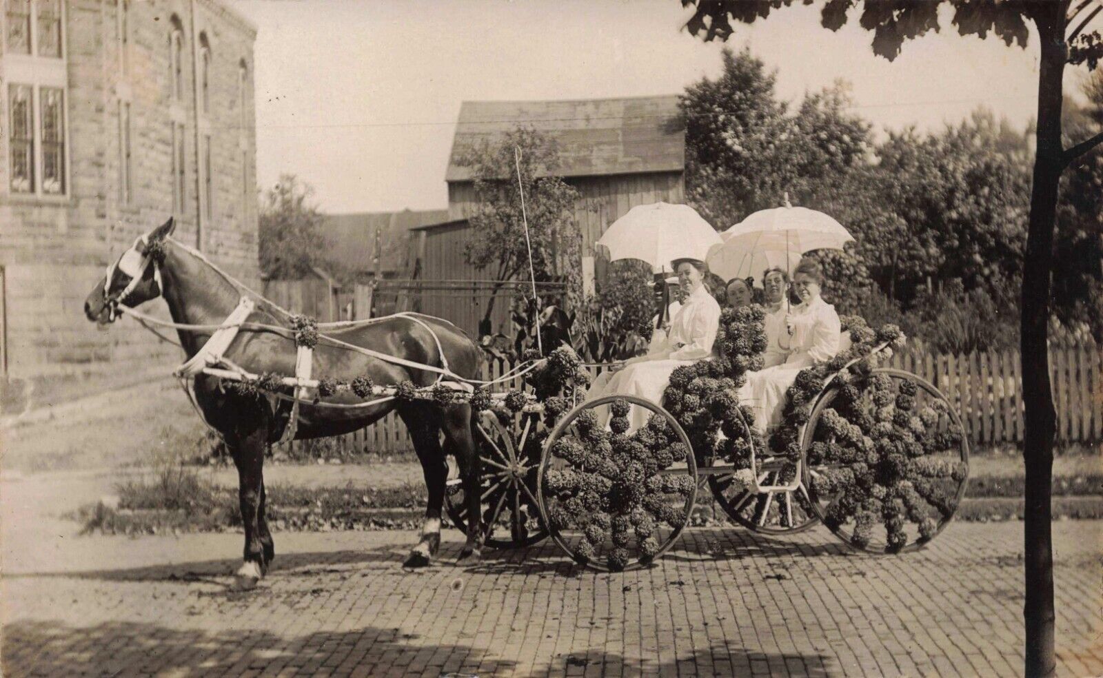 RPPC Horse Pulls Decorated Carriage Floral Parade Women with Parasols Postcard
