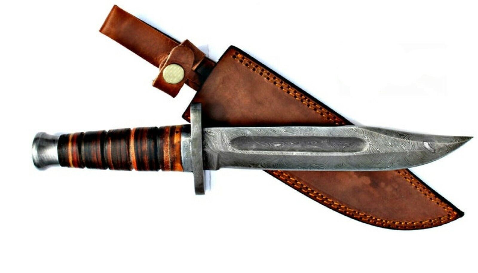 Damascus Hunting, Survival 13.5 Knife, K-Bar Style, Stacked Leather Handle