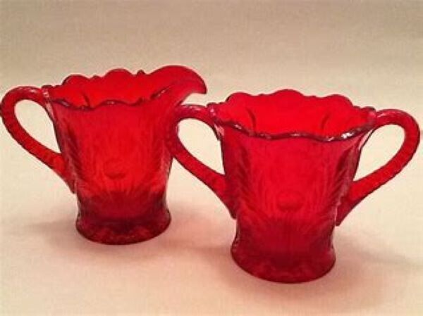 Red Glass Inverted Thistle Pattern Creamer & Sugar Set - Mosser USA
