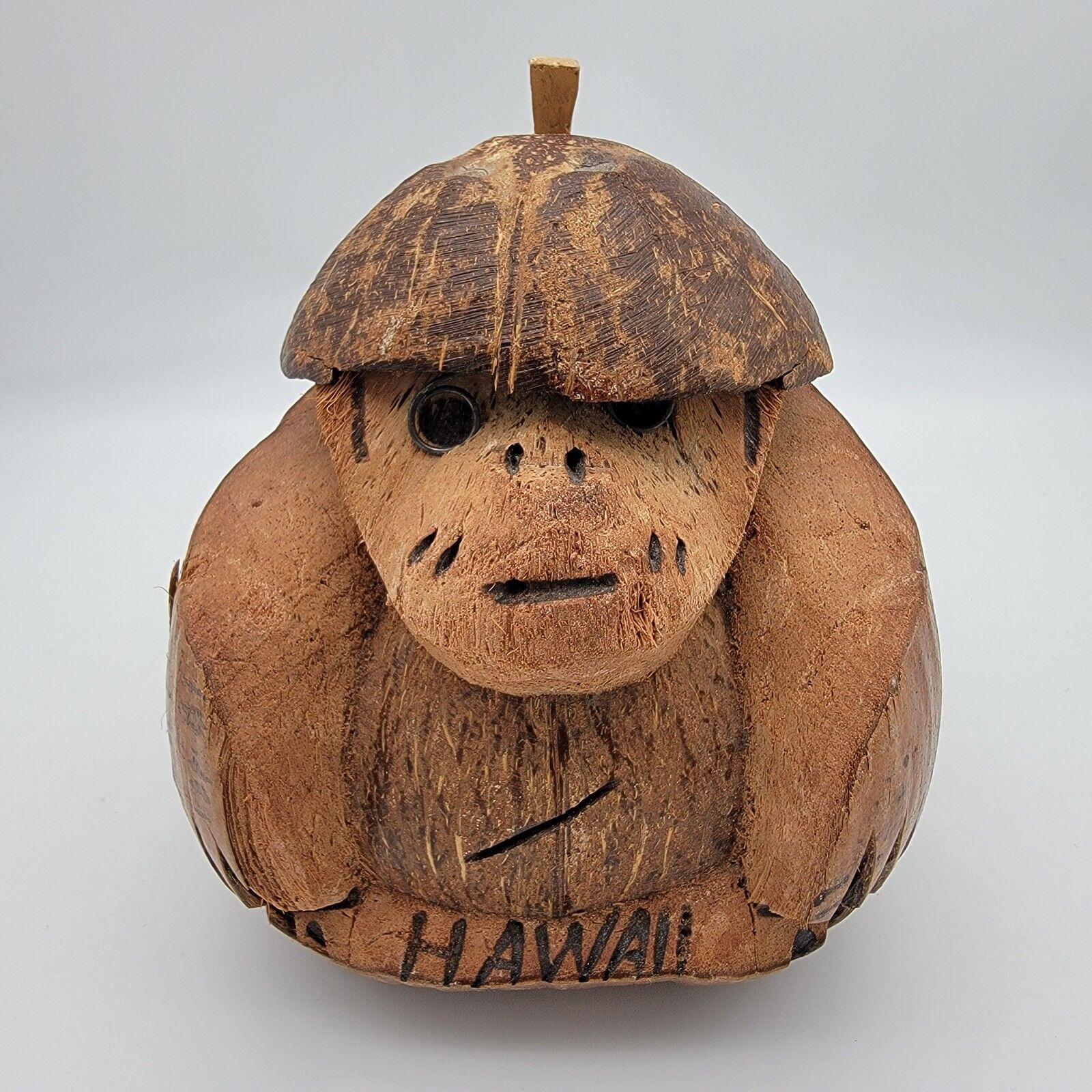 Hand Carved Coconut Monkey With Metal Glasses & Hat Hawaii Vintage Collectible