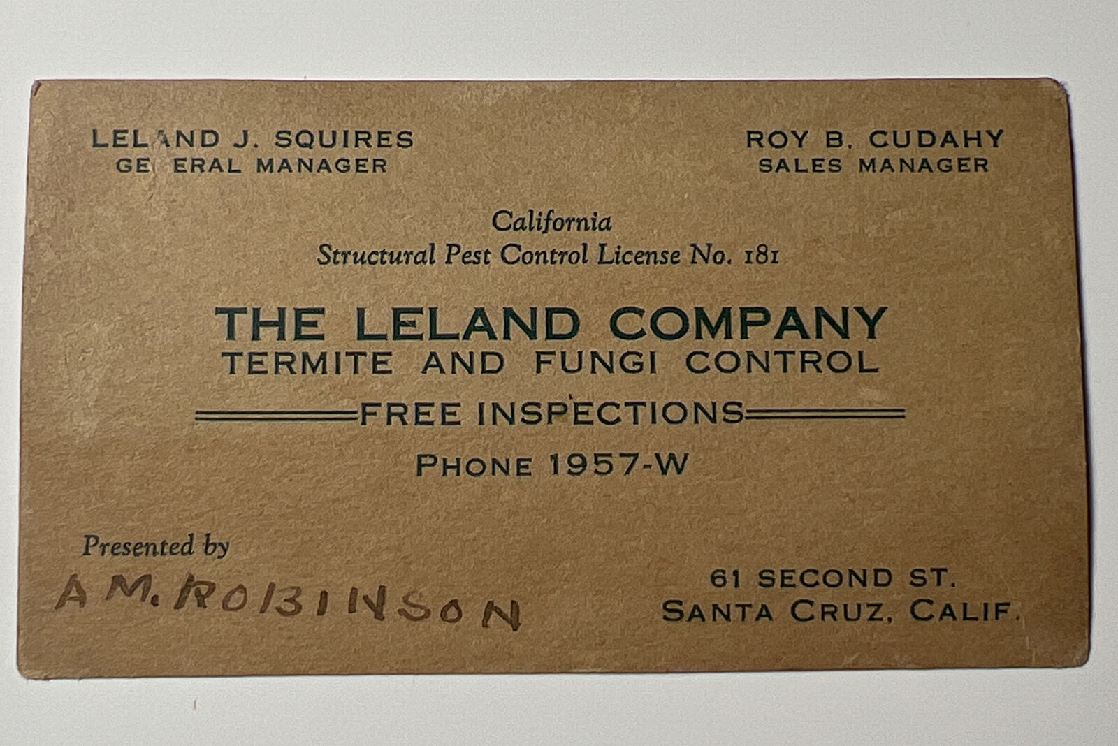 1940s THE LELAND CO￼ Termite and FUNGI pest Control Business Card Santa Cruz CA