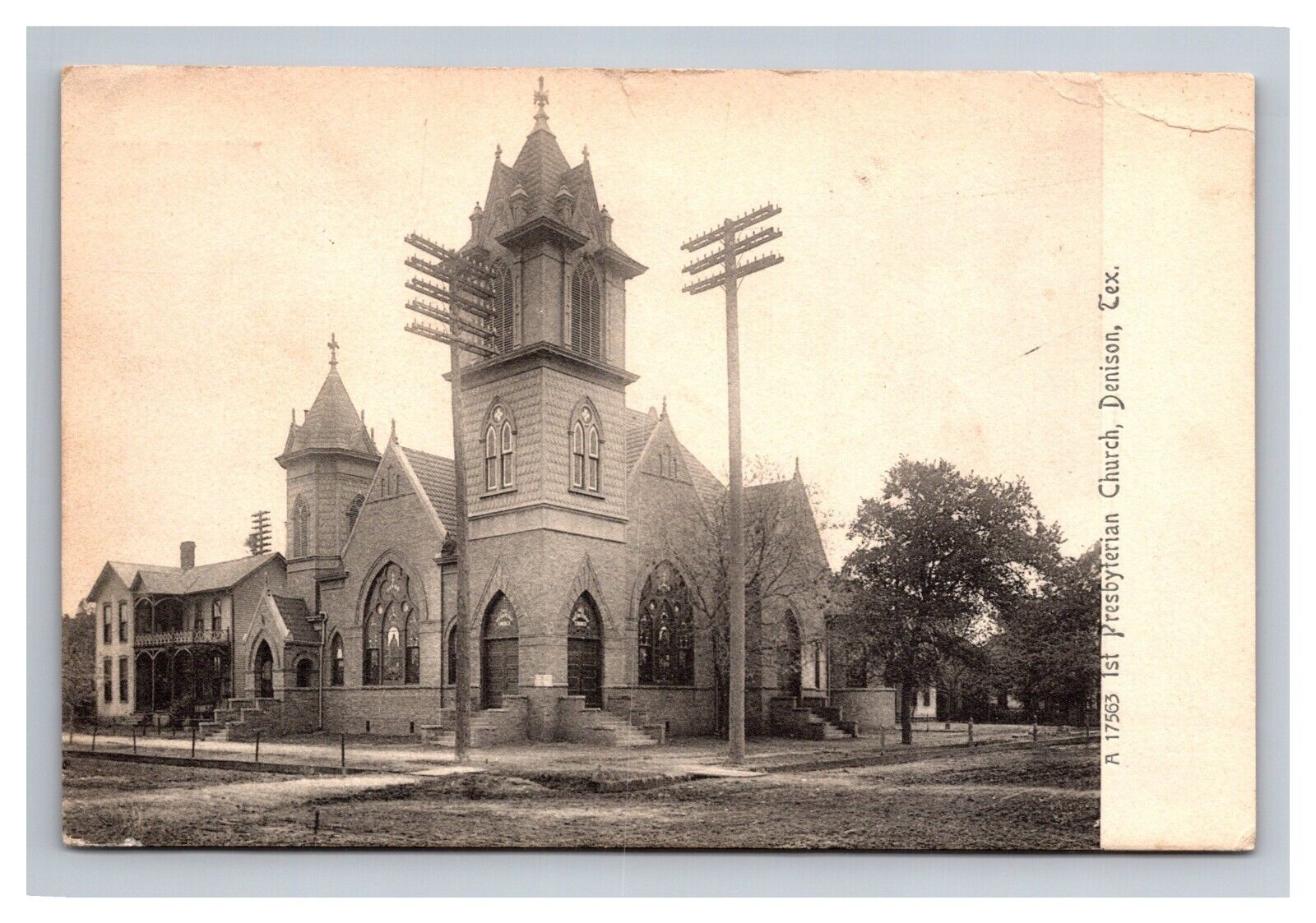 Postcard Denison Texas First Presbyterian Church Street Corner 1907