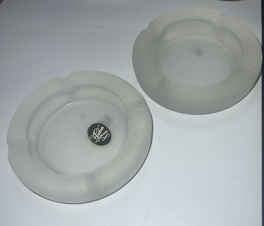 2 Vintage Antique 1950s Indiana Glass Tiara Frosted Ashtray Decor 4.5”