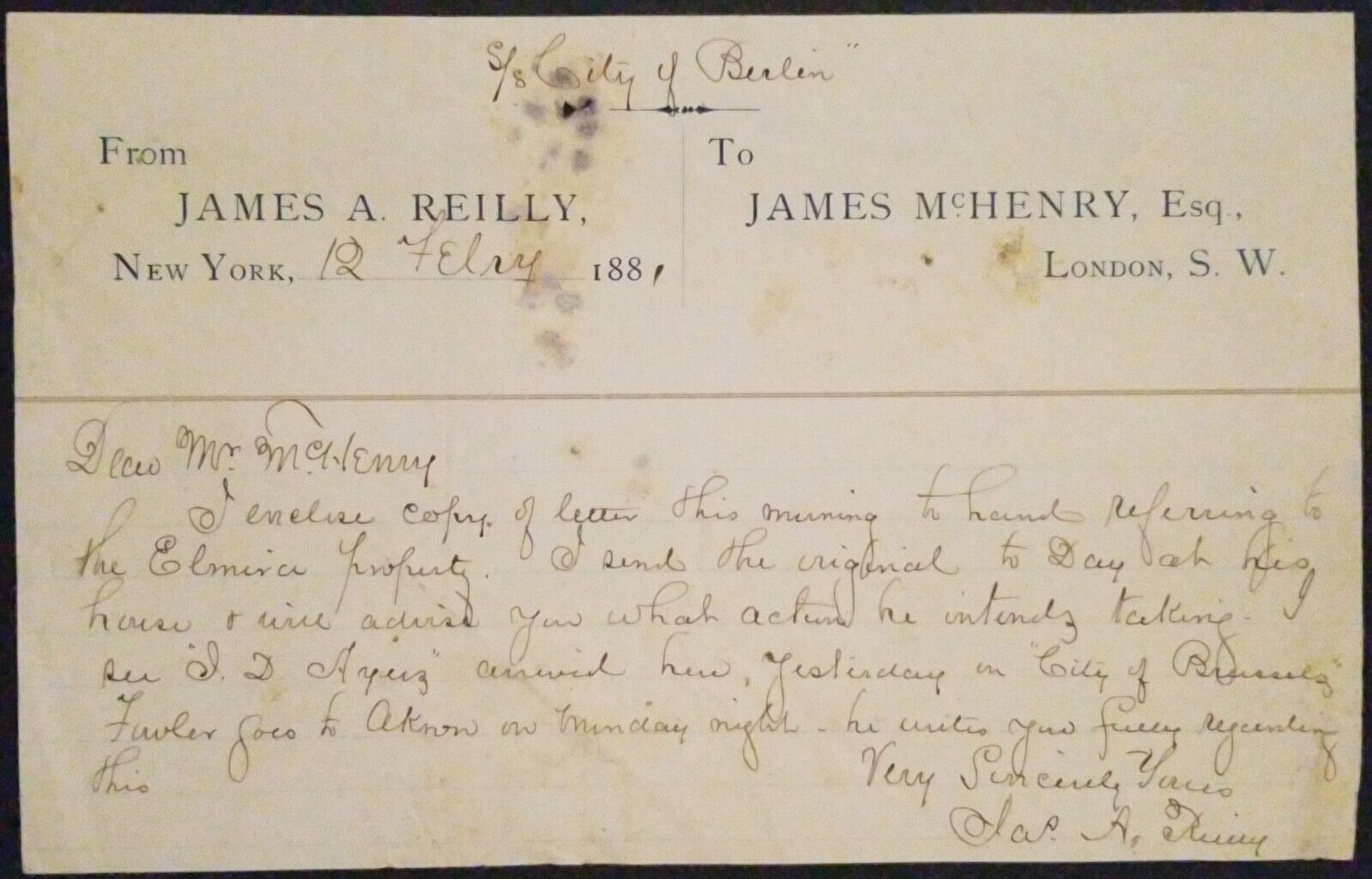 1881 James Reilly Lawyer Letter 132 Broadway NY Berlin Elmira McHenry London