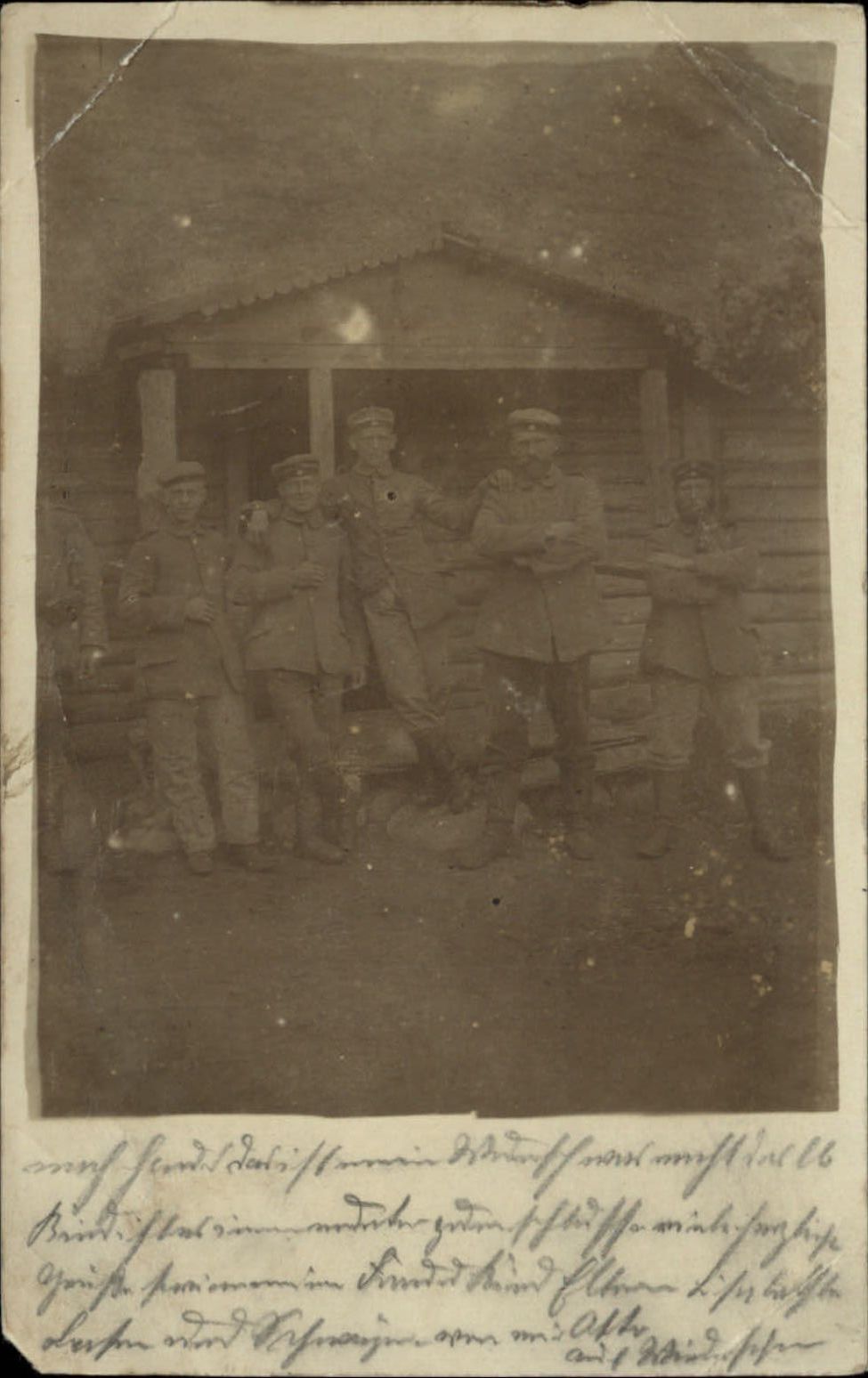 WWI 1916 German Feldpost soldiers group rustic log house Battalion cancel?