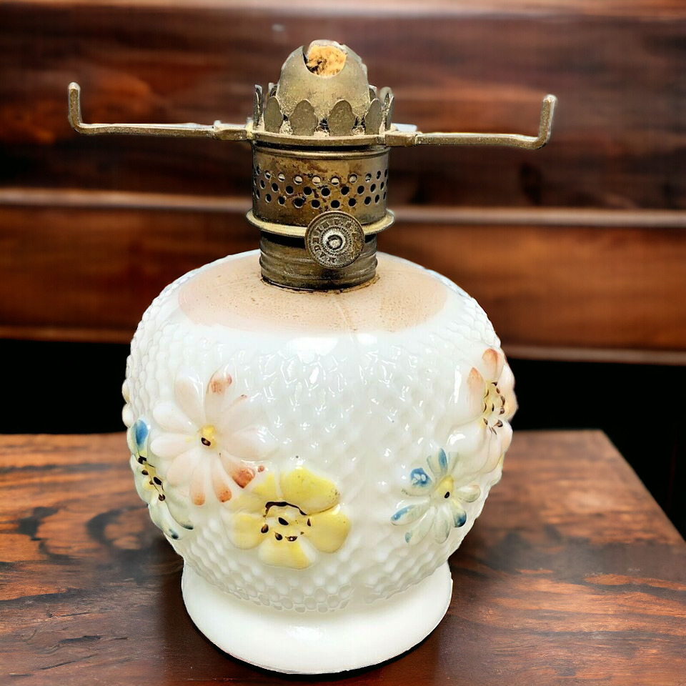 Mini Oil Lamp White Milk Glass Cosmos Flowers Kerosene Hurricane Lamp Vintage