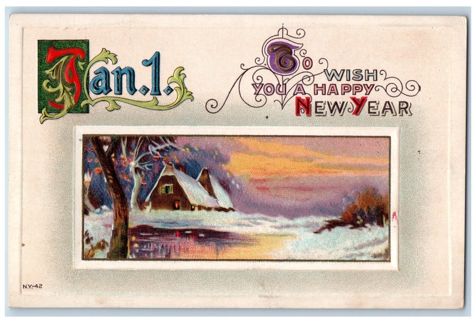 New Year Postcard Jan 1 House Winter Scene Embossed c1910\'s Unposted Antique