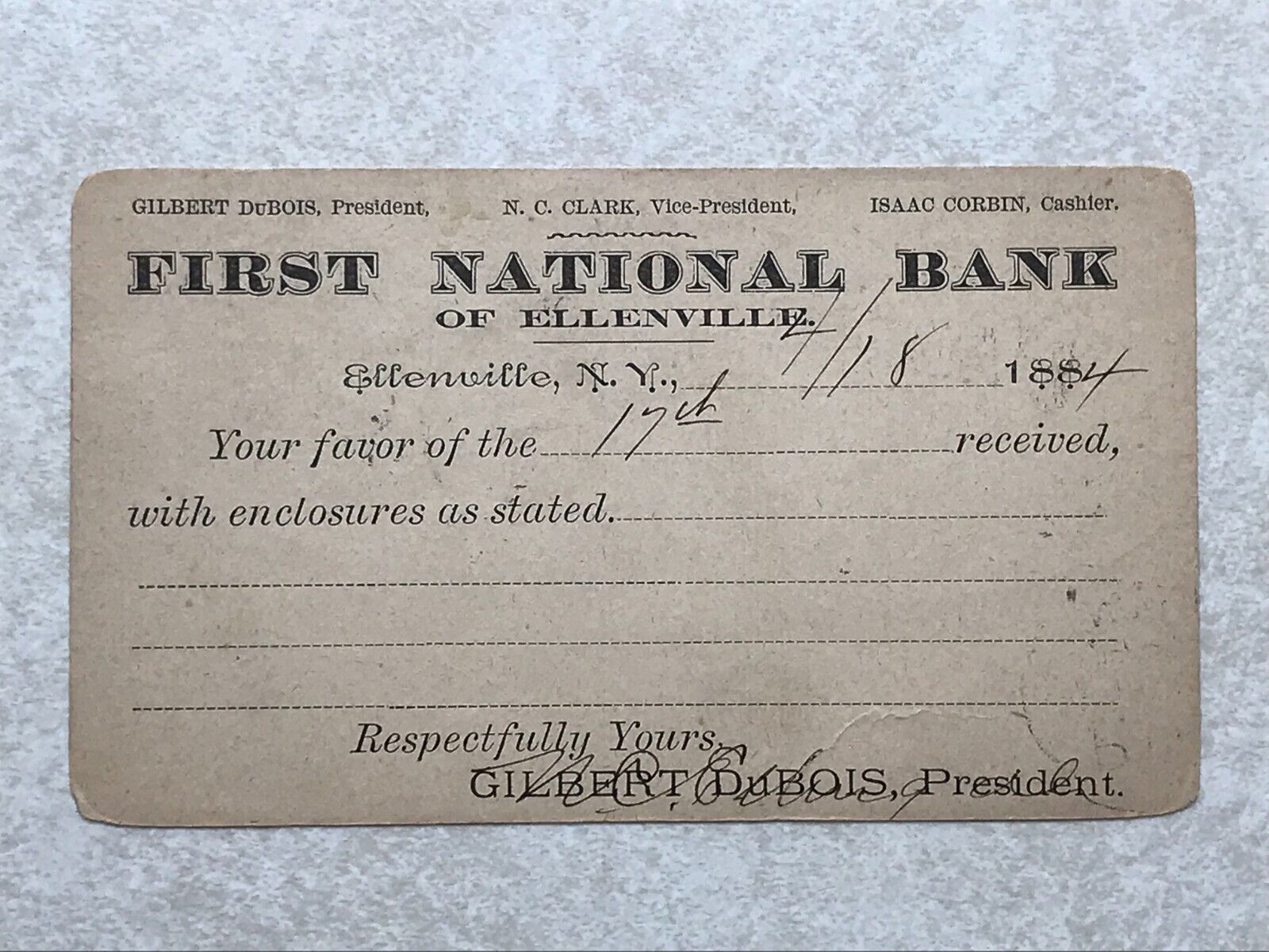 K13 Postcard Postal Card First National Bank of Ellenville 1884 NY New York
