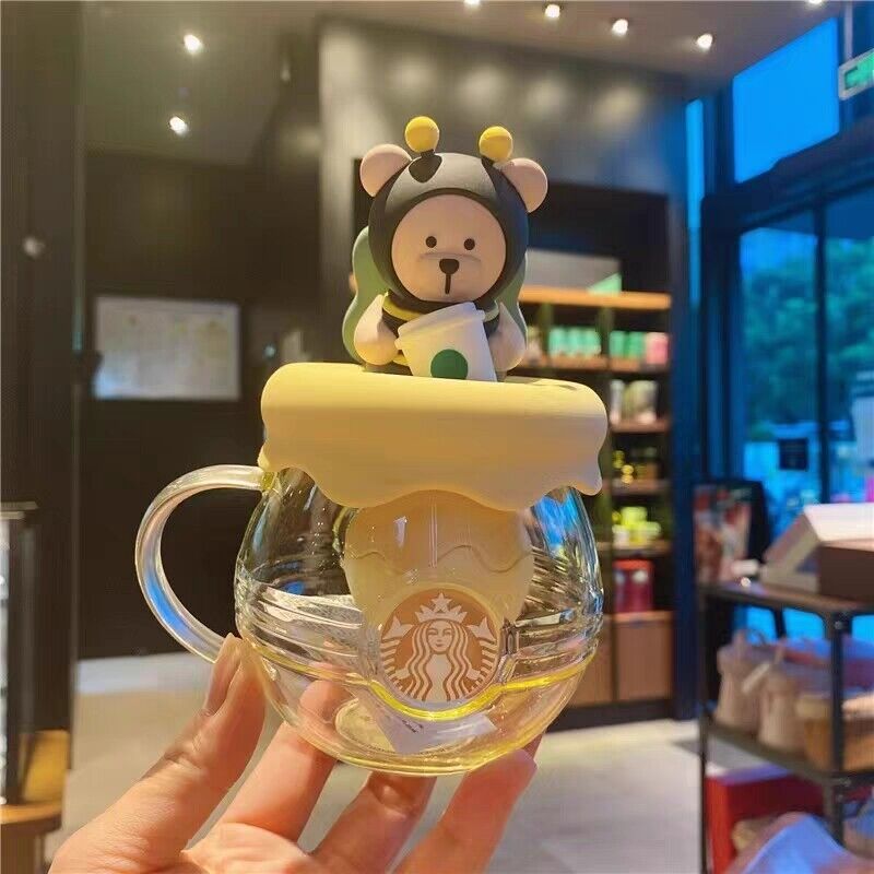 Starbucks Cup Creative Cute Bee Bear Glass Cup Coffee Cups W/ Filter Easter Gift