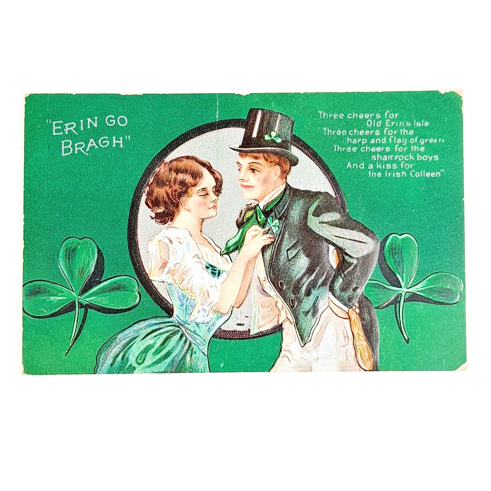 ANTIQUE 1911 DB GREEN POST CARD SHAMROCK BOYS IRISH POETRY LITHO POSTED POSTCARD