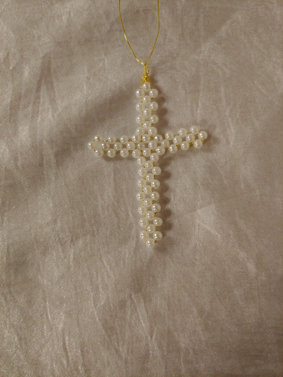 Handcrafted Small (4mm) Pearl Cross Chrismon Christmas Ornament