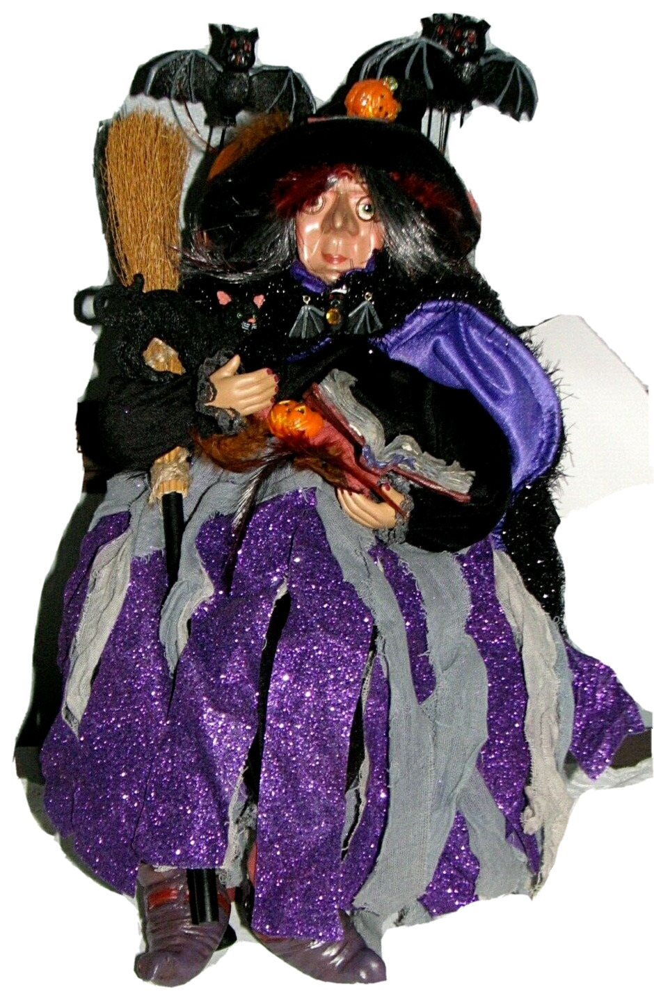 Large Witch Sitting in Chair Bats Pumpkins Broom Black Cat Spell Book Decor