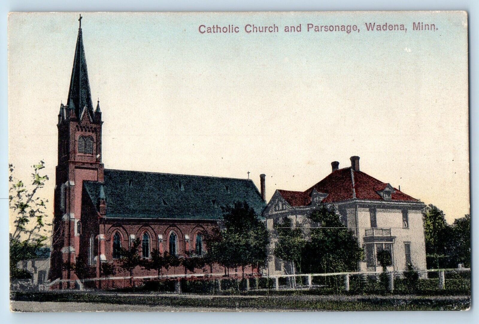 Wadena Minnesota Postcard Catholic Church Parsonage Chapel c1910 Vintage Antique