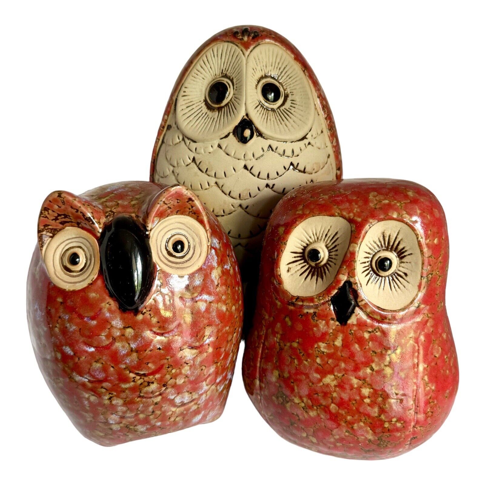 Set of 3 Glazed Art Pottery Stoneware Owl Figurines Farmhouse Country Core Decor