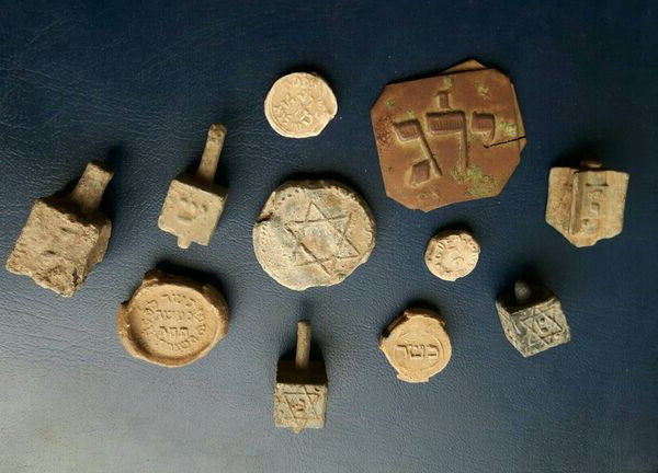 Lot #14 11 Rare Jewish Items, Litvak, Wilno, Jewish Kosher Lead Seals, Dreidels