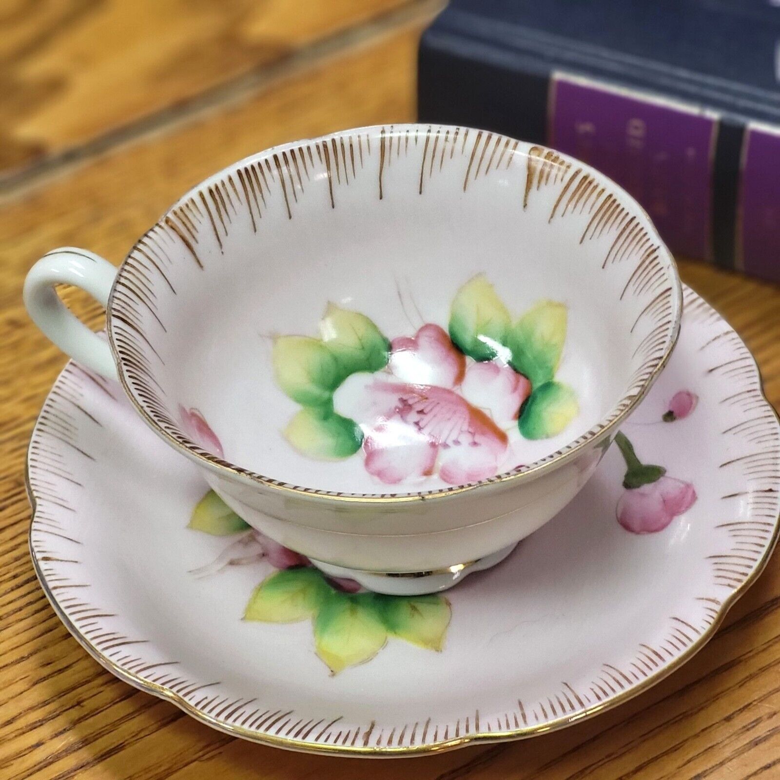 Vintage HRH Hand Painted Pink Floral Teacup & Saucer