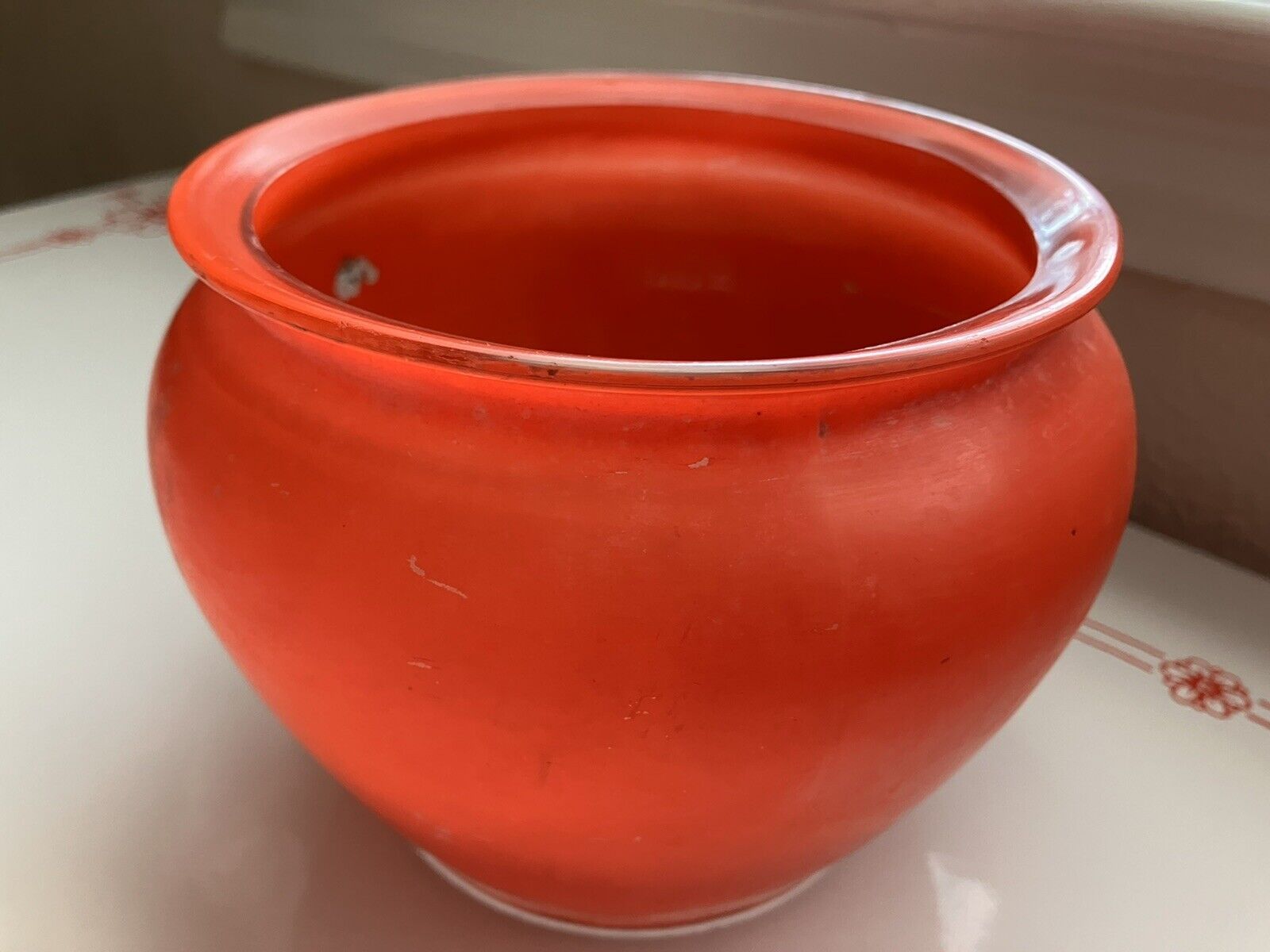 Vintage Mid Century Modern Large Orange Glass Bowl ~Thick Glass ~