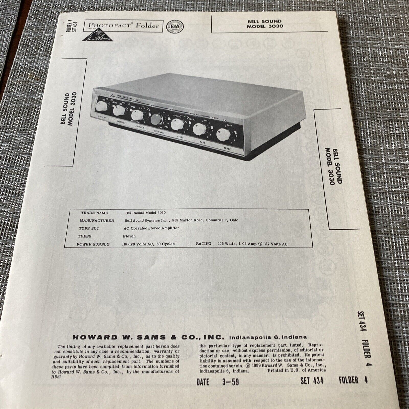 Original Sams Photofact Manual BELL SOUND 3030