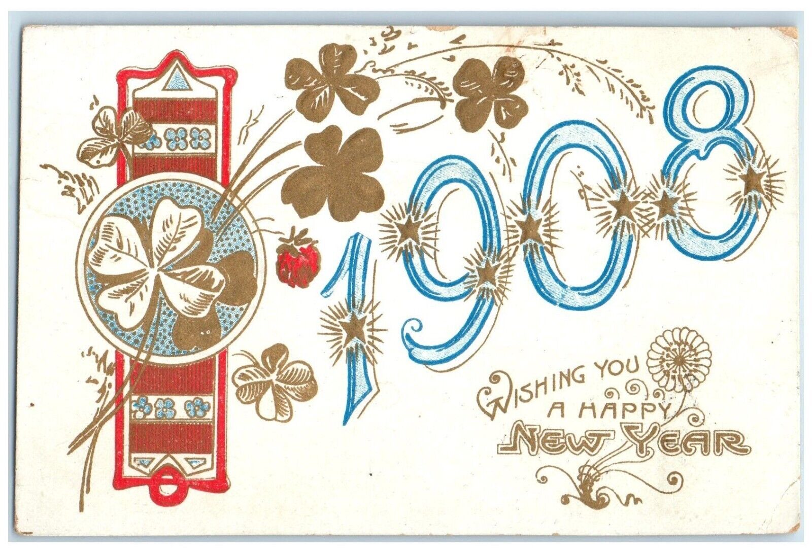 1908 New Year Shamrock Large Numbers Lafayette Oregon OR Antique Postcard