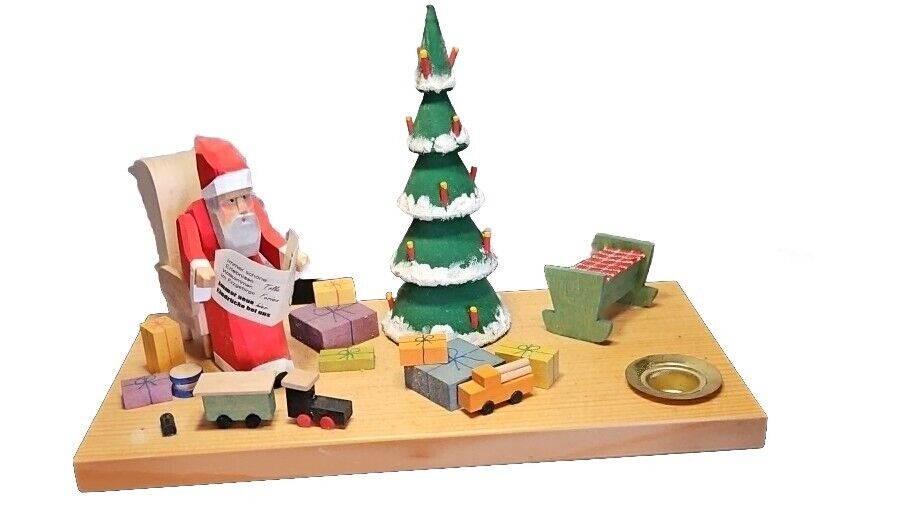 Vintage 1995 Erzgebirge Germany Christmas Wood Santa with Tree Presents Read