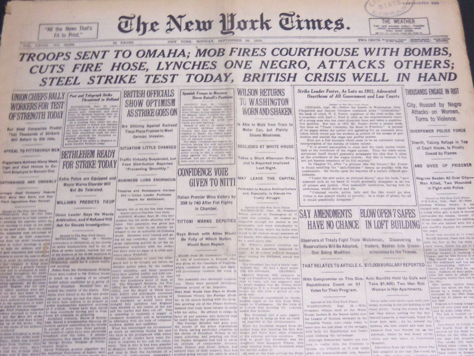 1919 SEPT 29 NEW YORK TIMES - TROOPS SENT TO OMAHA MOB BOMBS COURTHOUSE- NT 7036