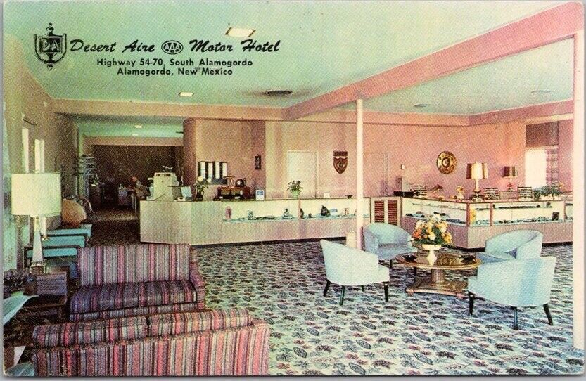 ALAMOGORDO, New Mexico Postcard DESERT AIRE MOTOR HOTEL Lobby View c1950s Unused