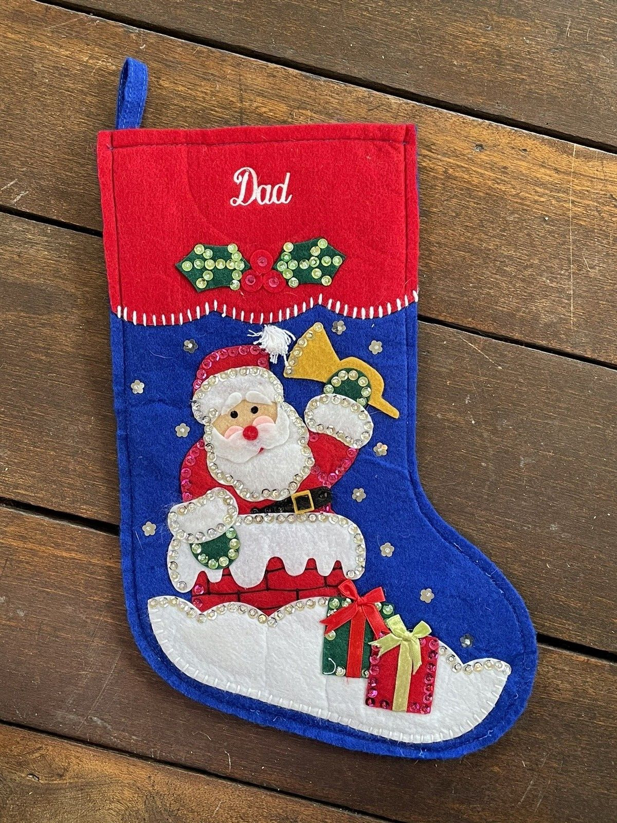 Vintage Lillian Vernon Felt Applique Santa Christmas Stocking Embroidered Dad