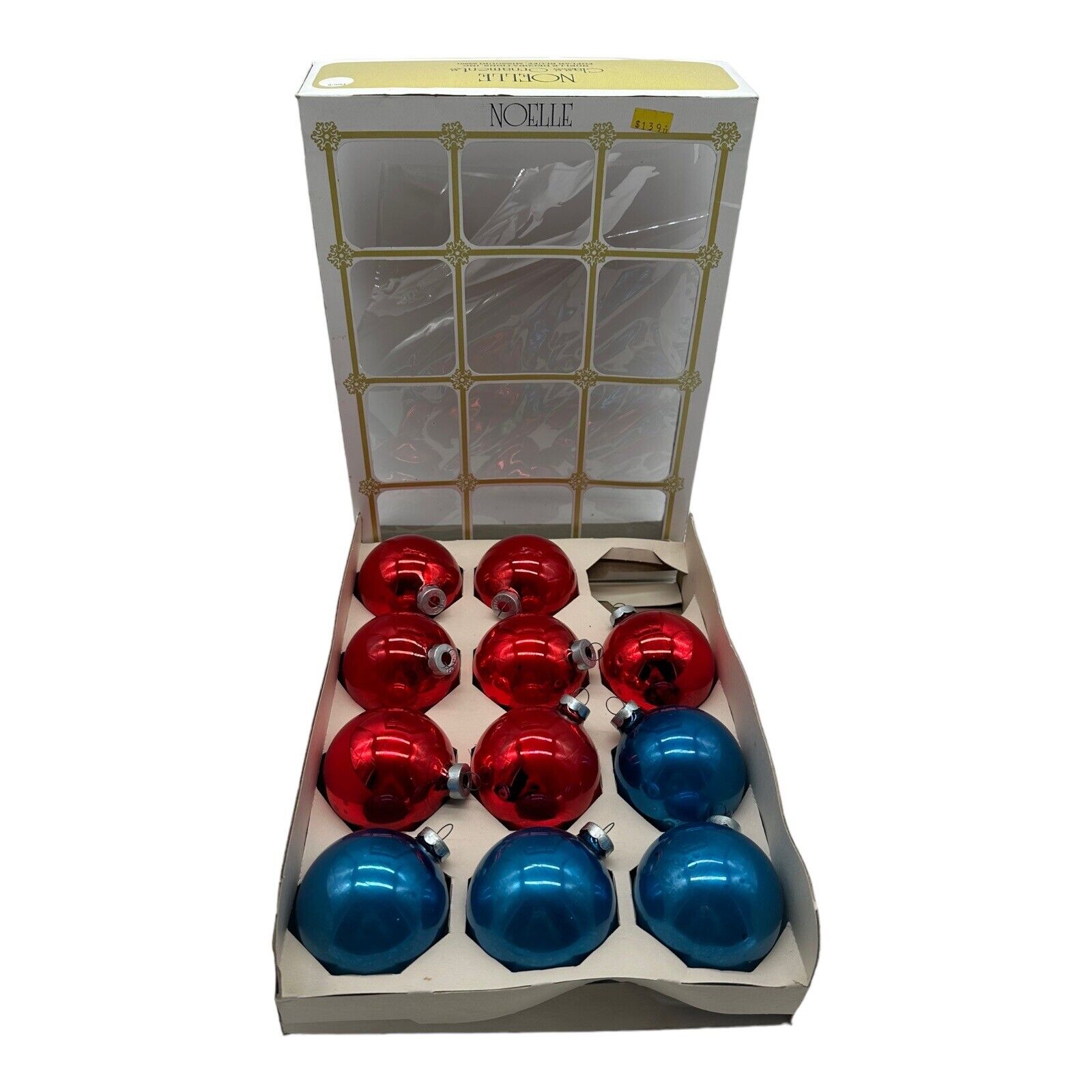 Box of 11 VTG Noelle Blue Red Glass Ball Christmas Tree Ornaments 2 5/8\