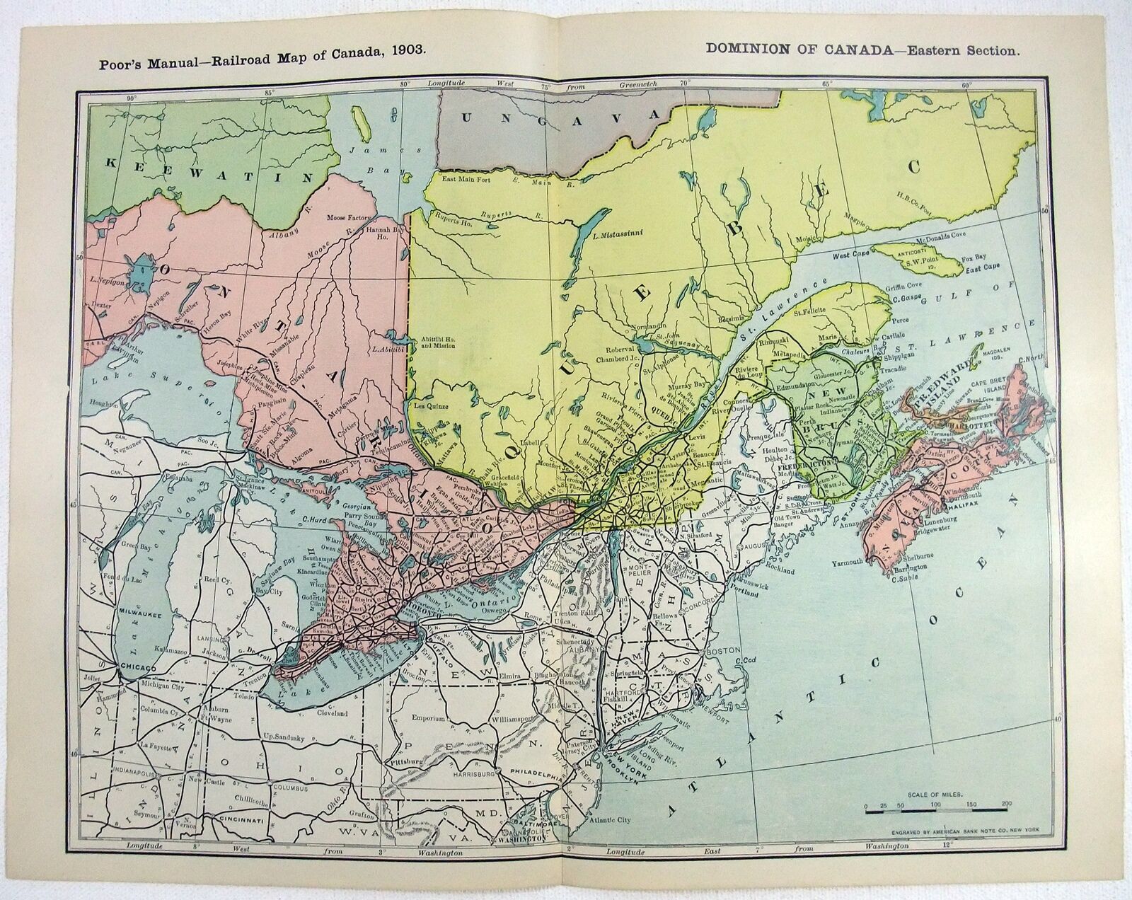 Eastern Canada - Original 1903 Railroad Map. Antique Railway