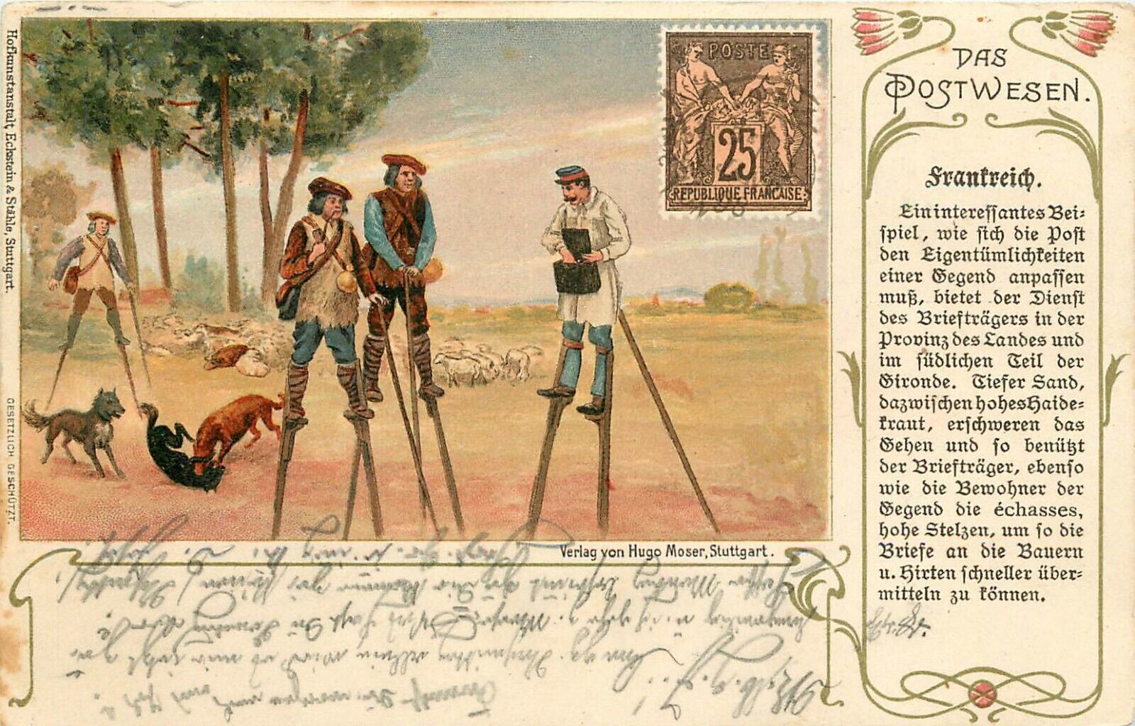 c1900 German Postcard Postman on Stilts delivers Mail to Shepherds in France