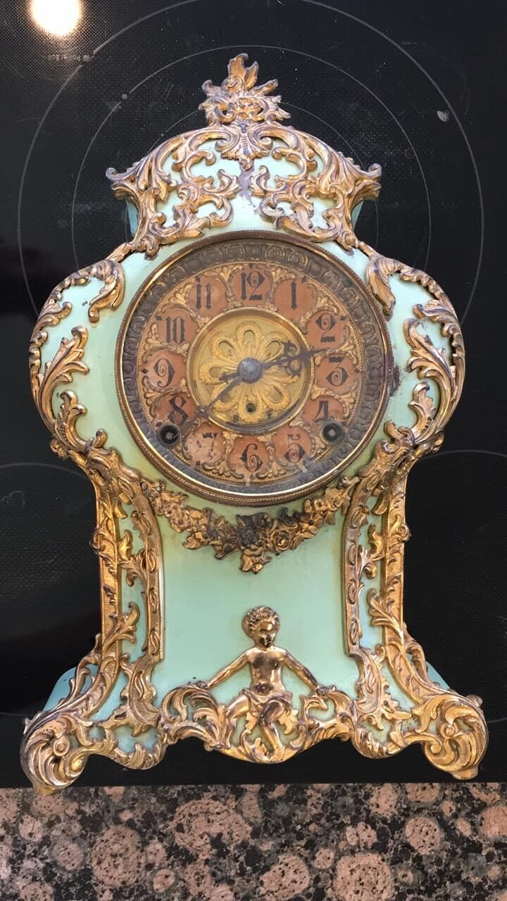 Antique F Kroeber Green Metal Mantle Clock Versailles
