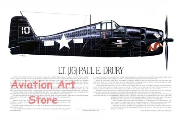 F6F Hellcat Navy Ace, Paul Drury, Art Prints signed by pilot, Artist E Boyette