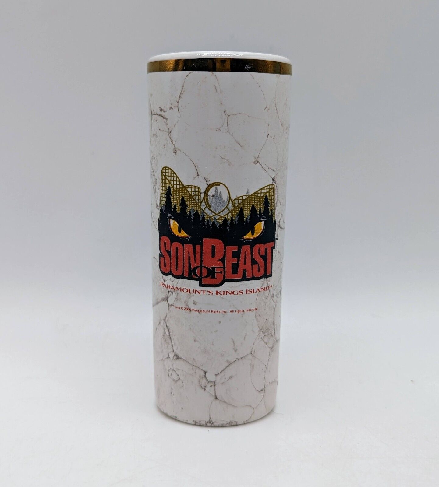 Rare Son Of Beast Tall Gold Gilded Shot Glass 2000 Kings Island Roller Coaster 