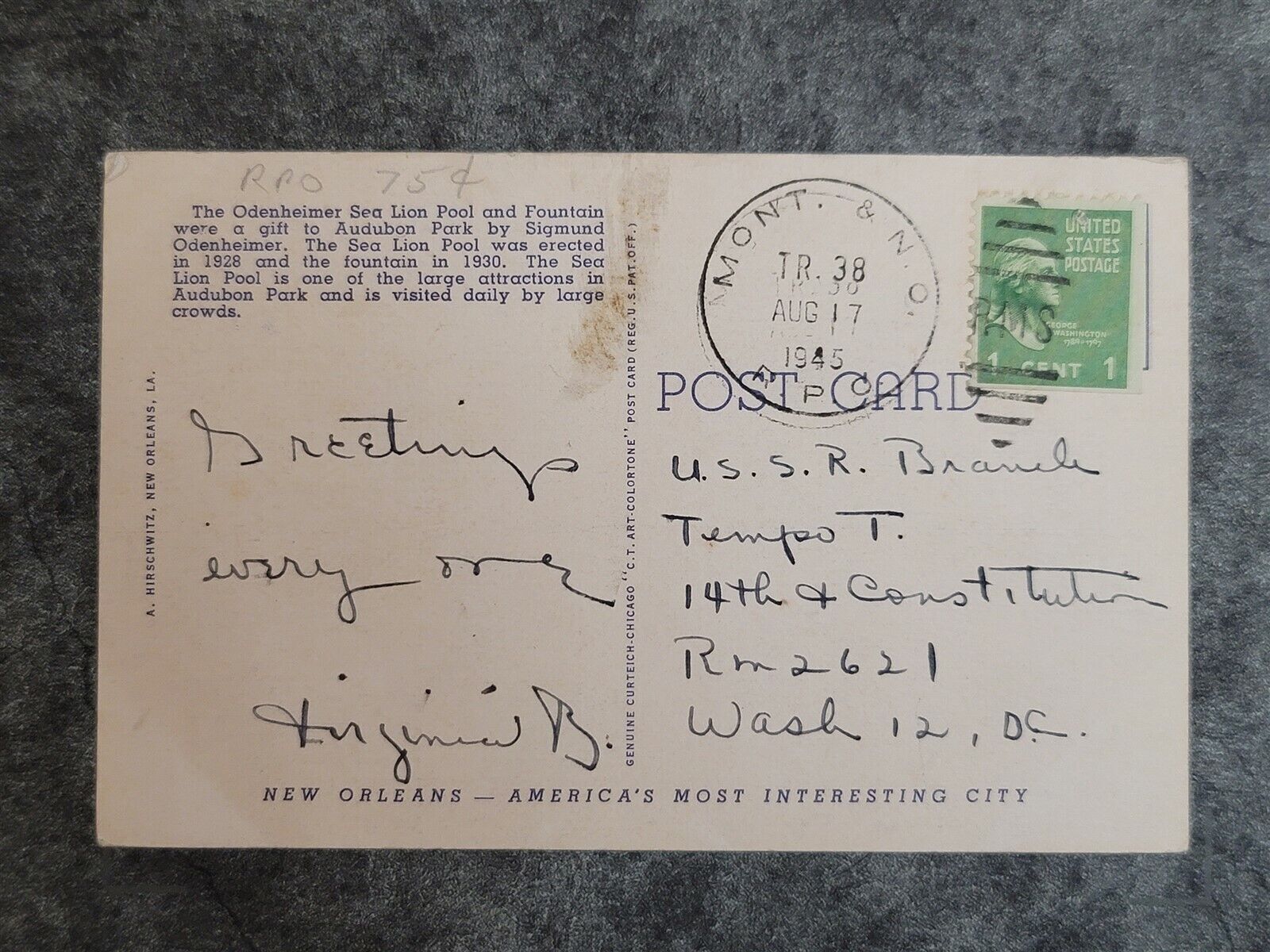 WWII 1945 Cover RMS RPO to USSR Branch Tempo T Washington DC Signed Virginia B