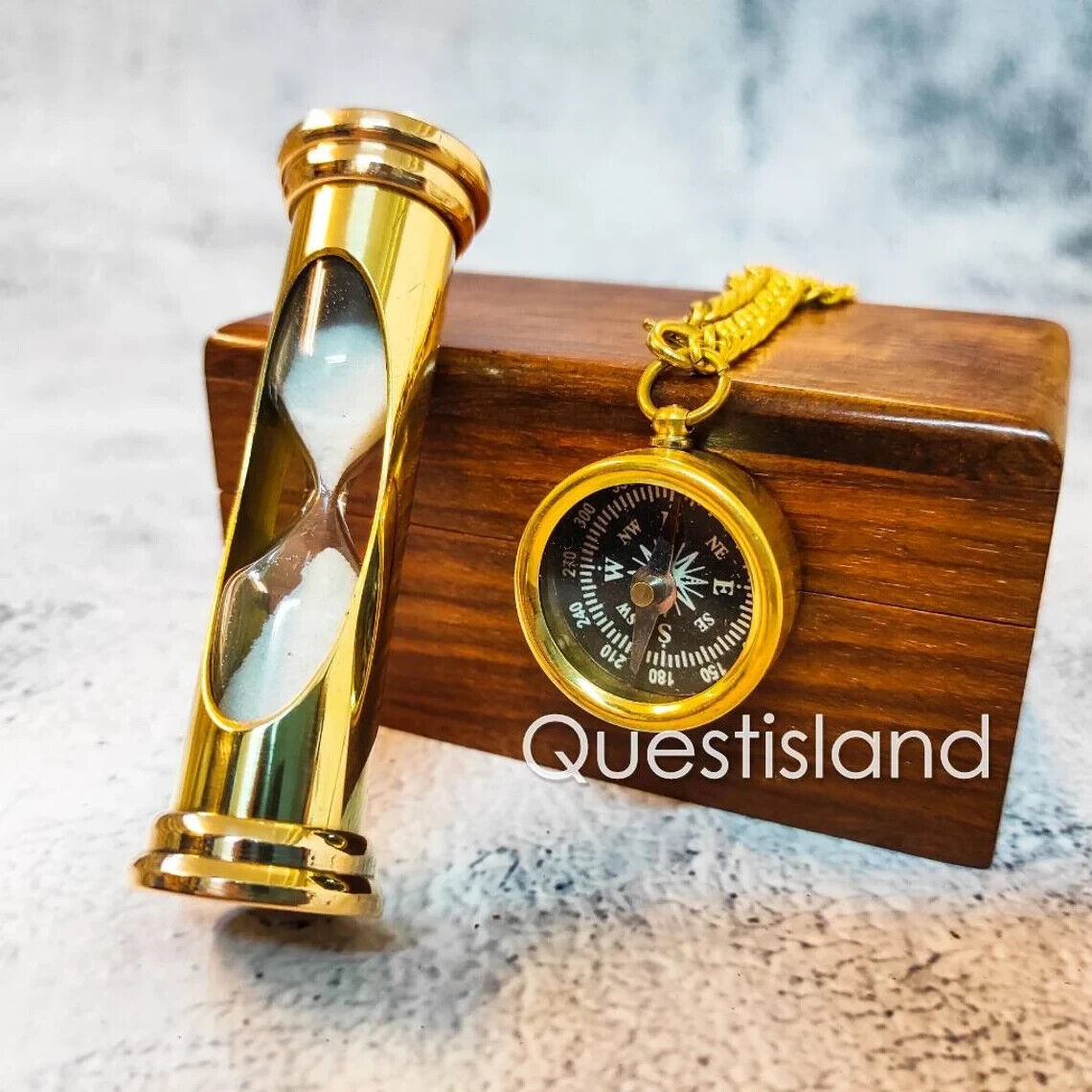 Compass And Sand Timer With Handmade Wooden Box Miniature Sand Timer Hourglass