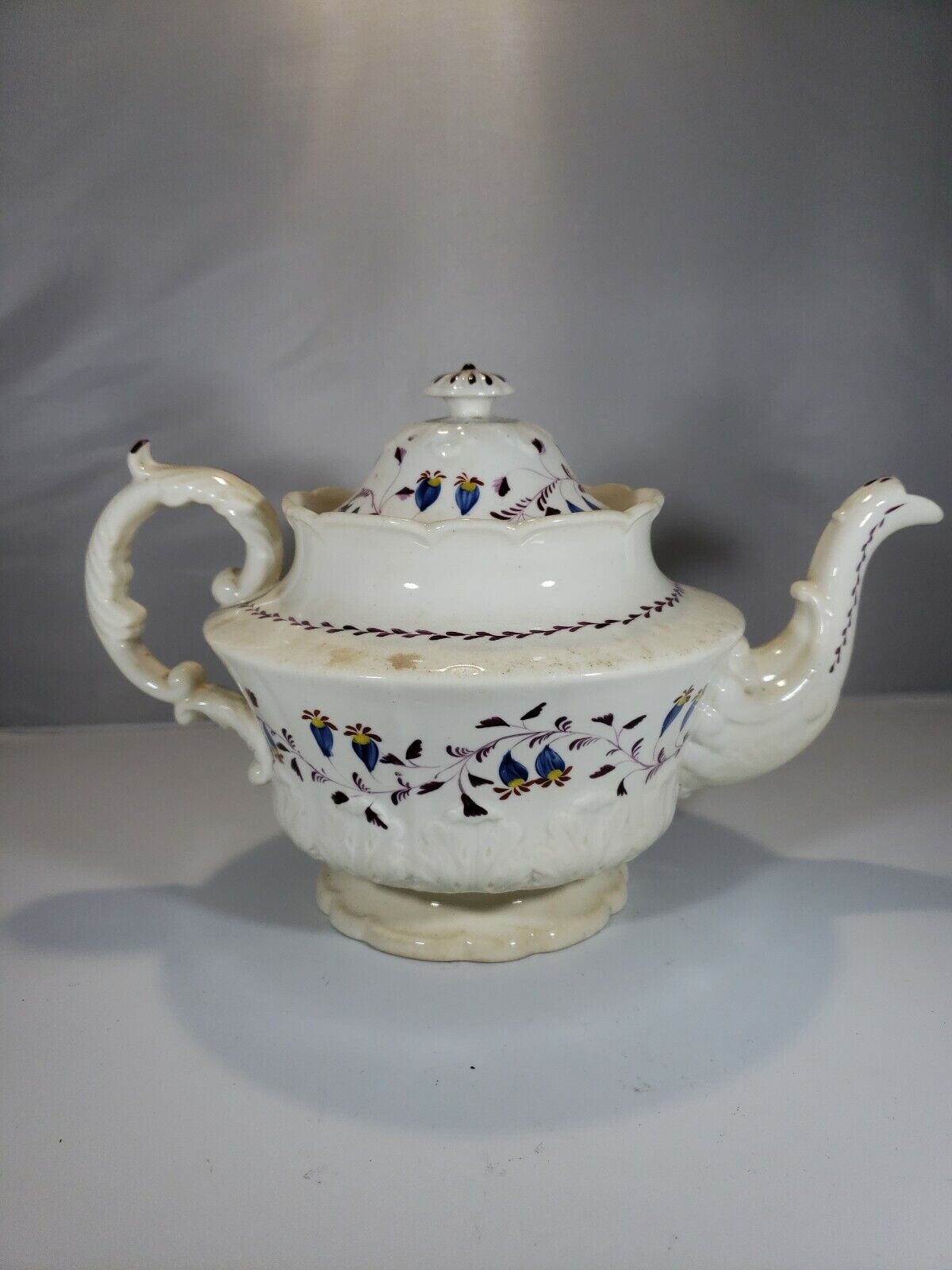 Large Antique Soft Paste Porcelain Staffordshire Sprig Flower Teapot