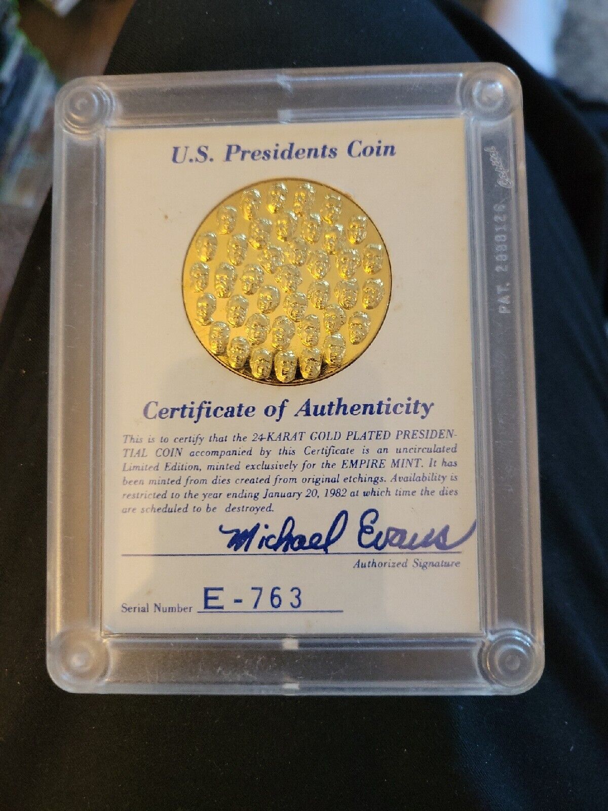 24 Karat Gold Plated Presidential Coin 1982 With Certificate Of Authenticity