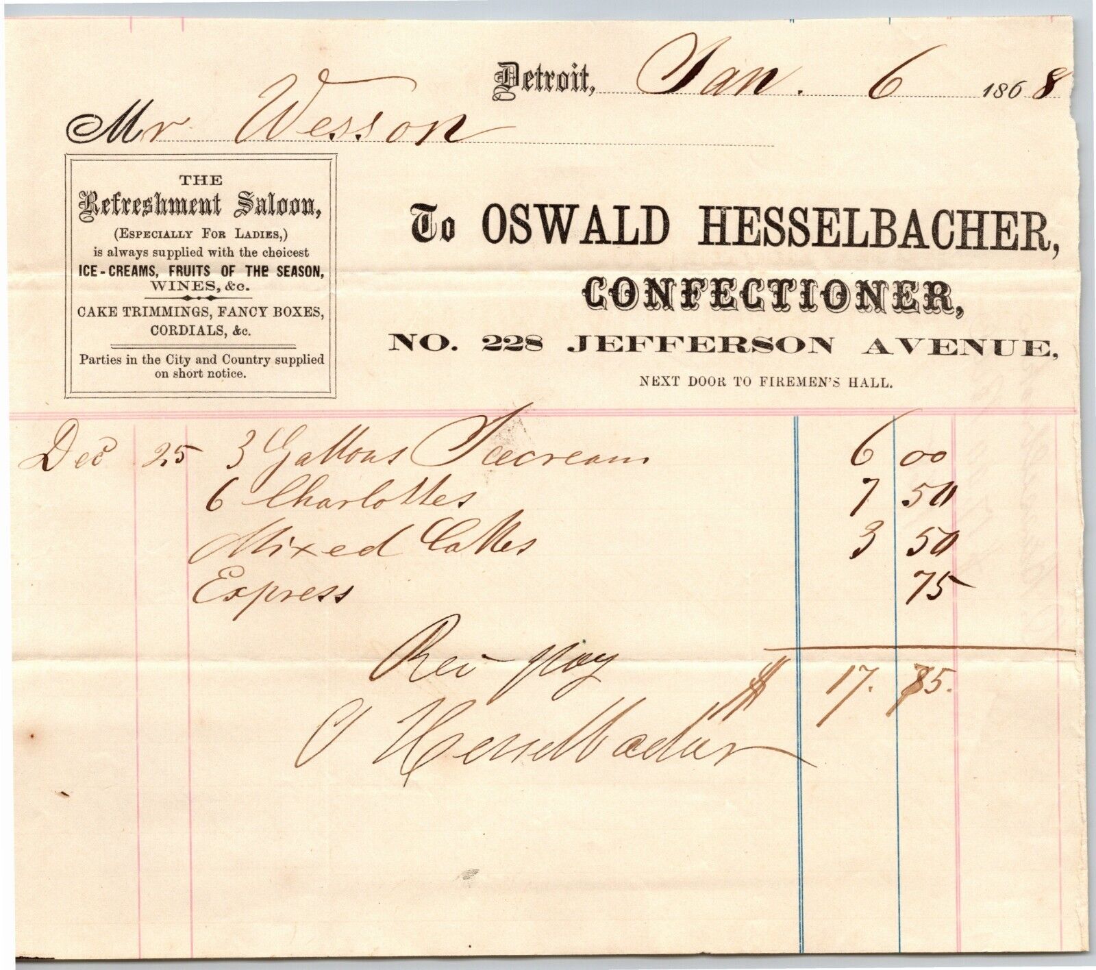 Detroit Letterhead Oswald Hesselbacher Confectioner Refreshment Saloon 1868