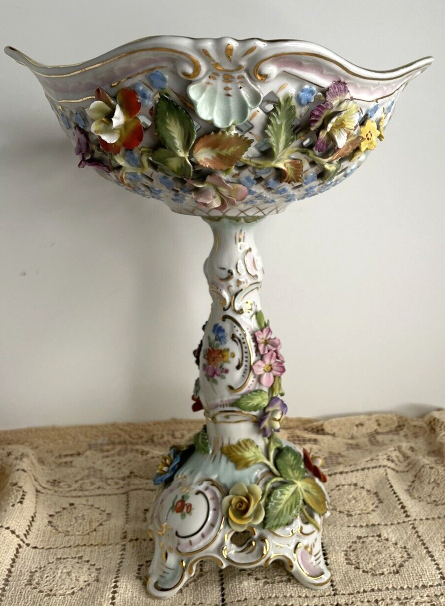 Antique Dresden Porcelain Pierced Footed Floral Compote Centerpiece