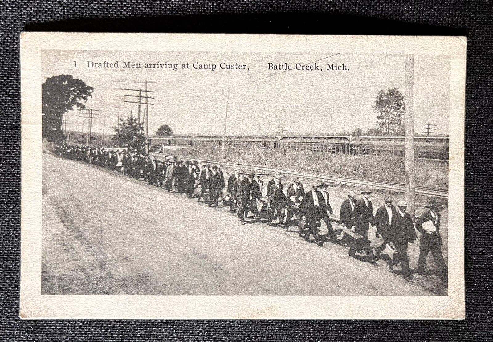 1917 Postcard WWI Drafted Men Arriving At Camp Custer Battle Creek, Michigan