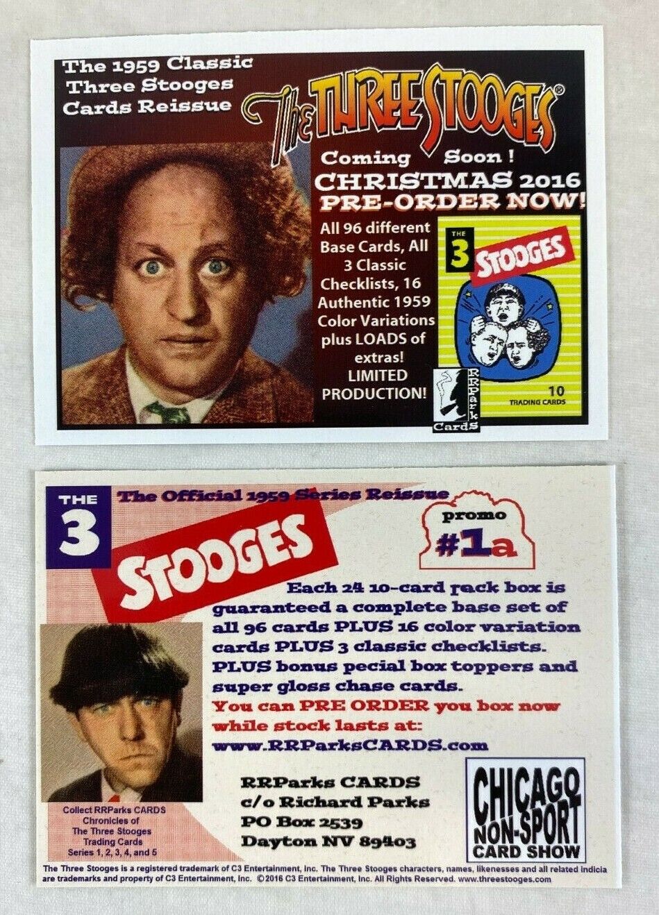 CHEAP PROMO CARD: THE THREE STOOGES (1959 REISSUE) 2016 RRParks #1a CHICAGO SHOW