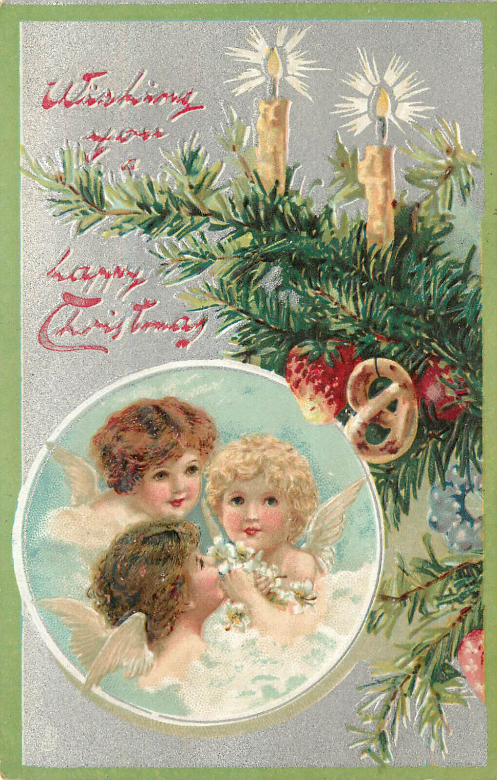 Embossed Tuck Christmas Postcard 136 S/A Brundage 3 Angel Faces Preztel