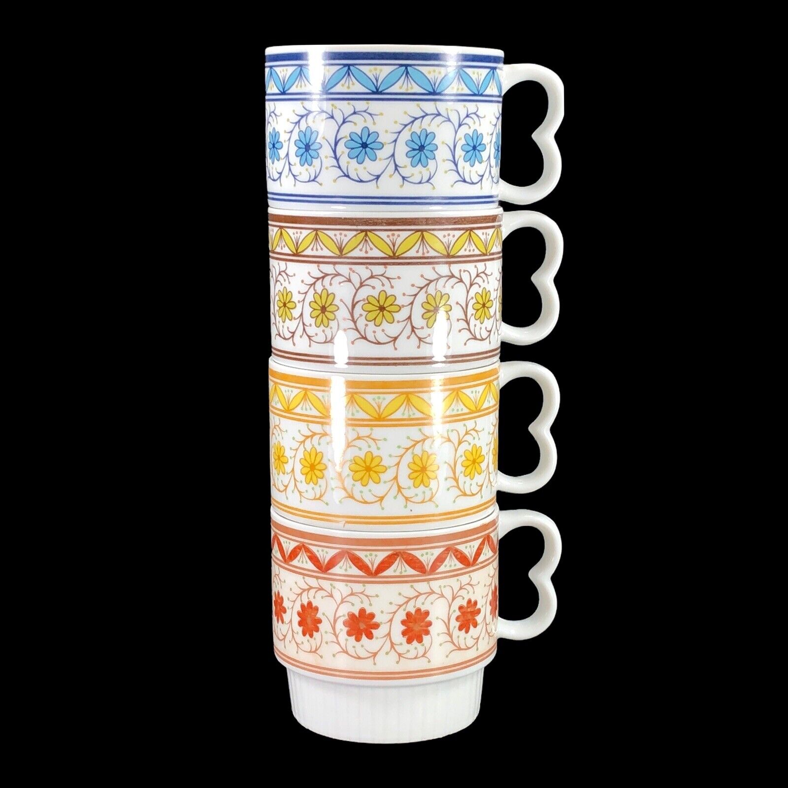 4ct Vintage Stackable Coffee Mug Cup Mod MCM Orange Red Yellow Floral