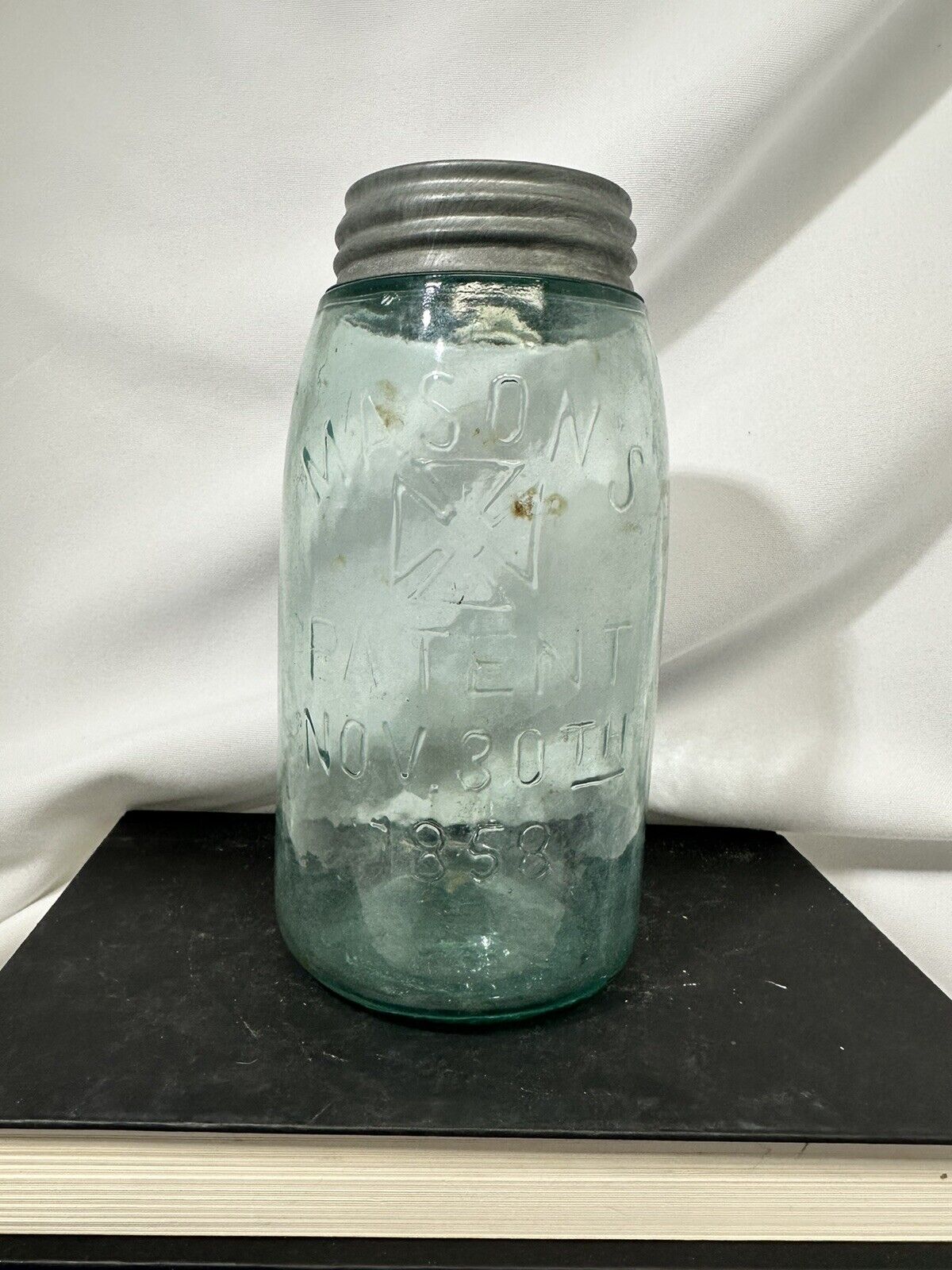 Antique Mason's Patent Nov. 30th 1858 Hero Cross Aqua Fruit Jar