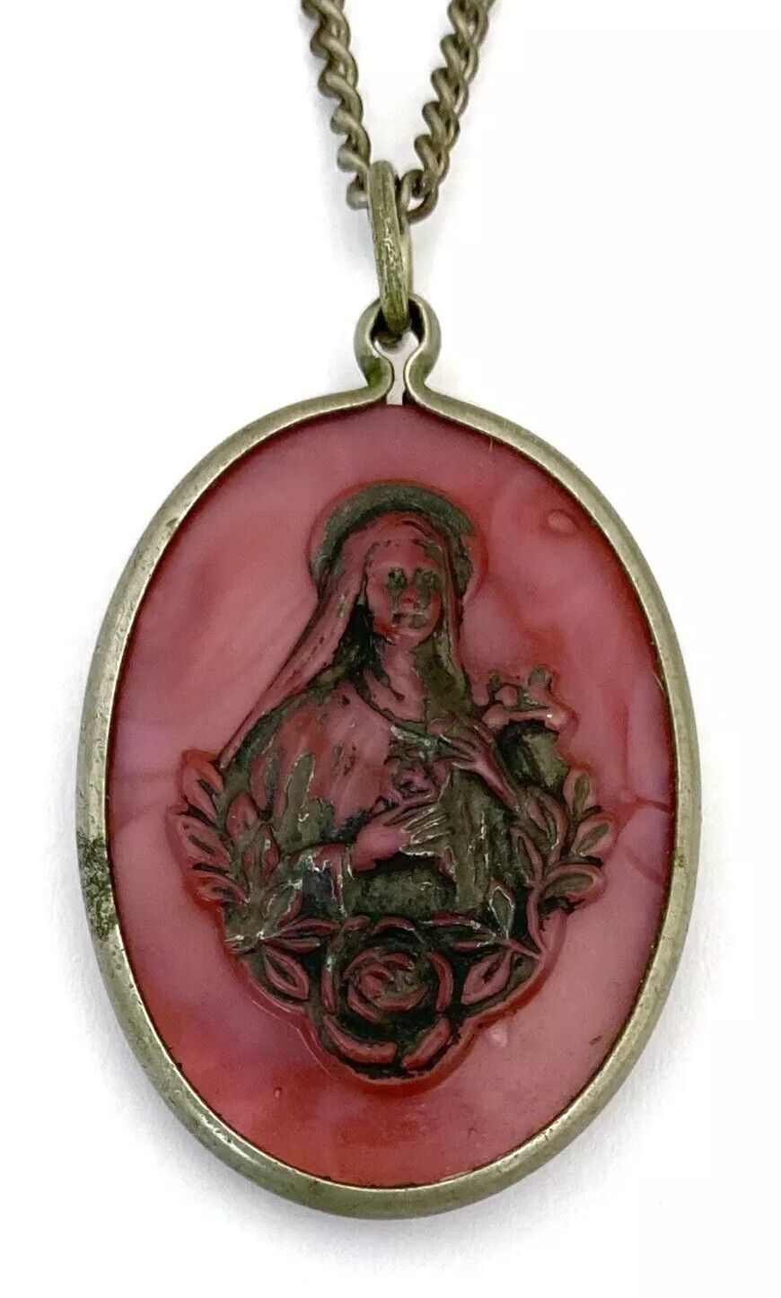 VINTAGE Silver Carved Pink Resin VIRGIN MARY Pendant Necklace