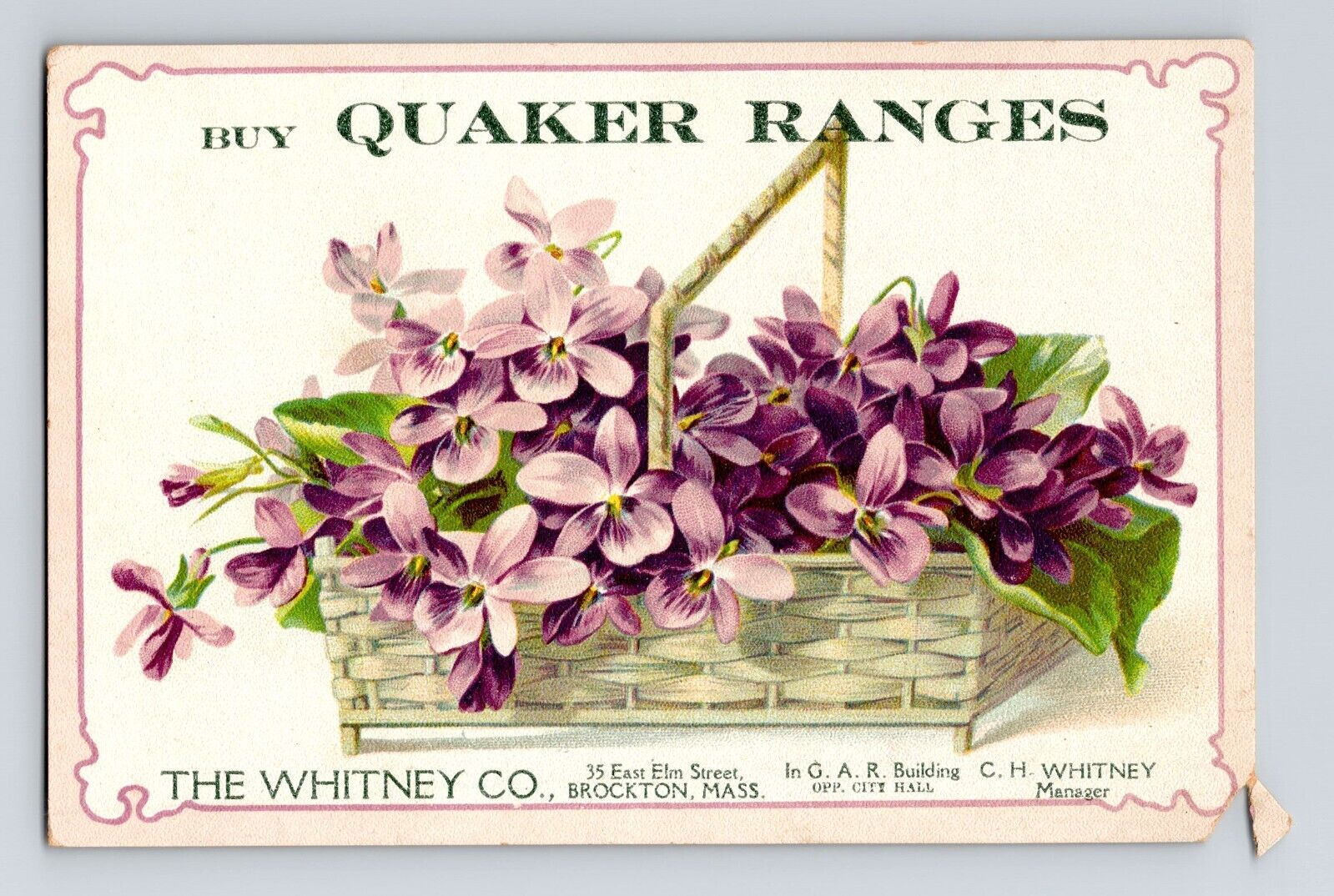 Victorian Trade Card Quaker Ranges Whicker Flower Basket Brockton MA