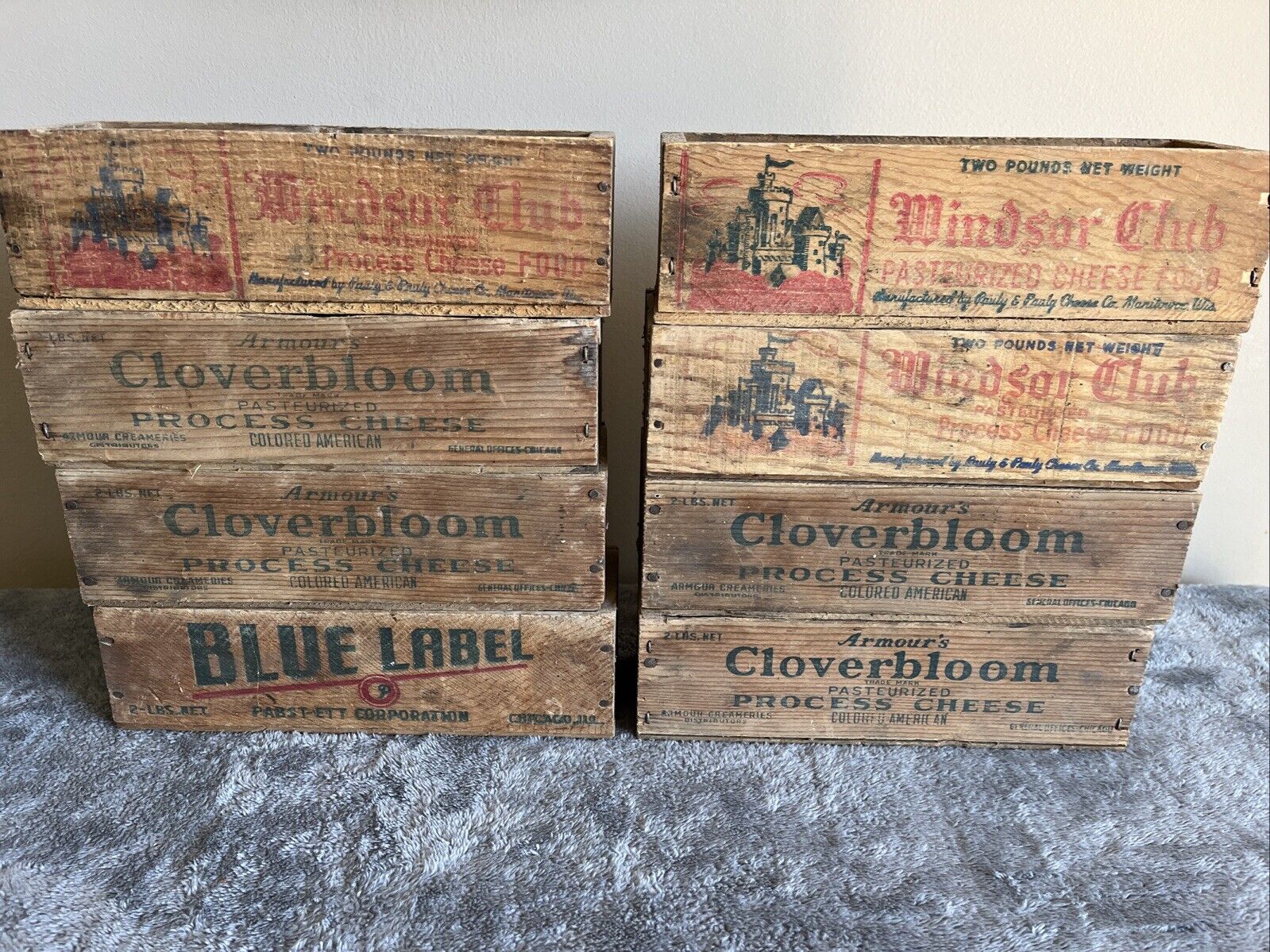 LOT OF 8 VINTAGE WOODEN CHEESE BOXES WINDSOR,CLOVERBLOOM Blue Label