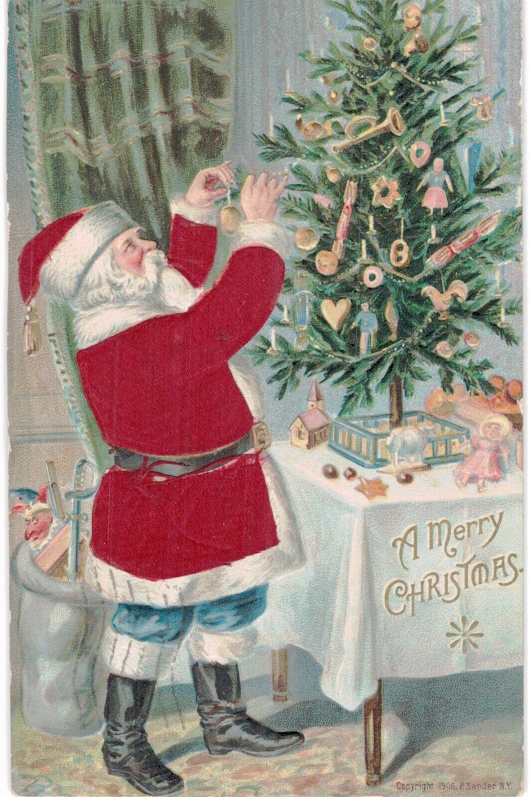 Silk Santa Decorates The Tree With Gilded Embossed Balls 1910 