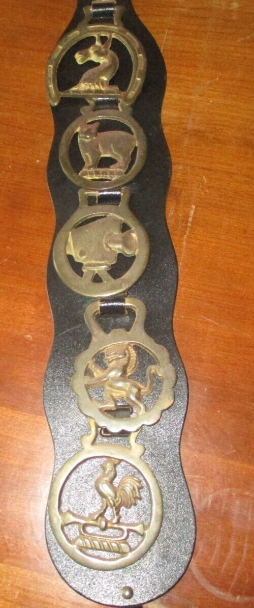 Five Vintage Horse Brass Medallions on  Leather Strap
