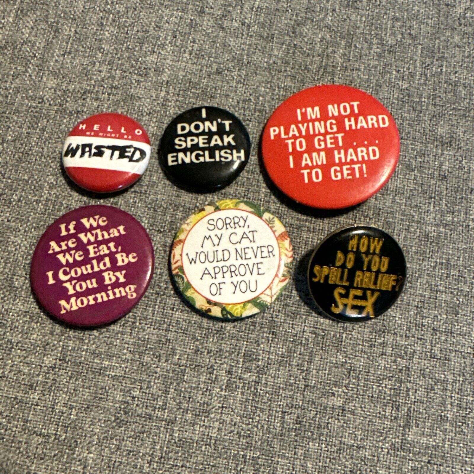 6 Vintage Pinback Buttons - 1980s 90s Funny / Humor Jean Jacket Pins